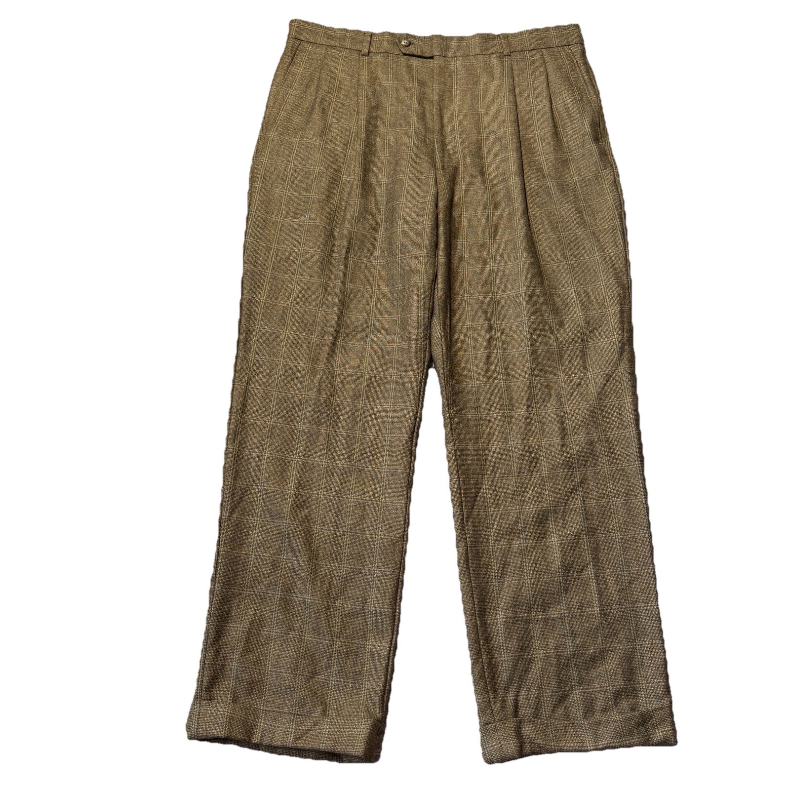 Vintage Haspel 100% Wool Cuffed Trousers Mens 36×30 Brown Plaid Dress Pants