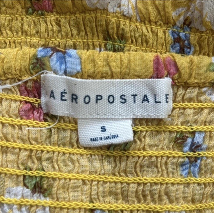 Aeropostale Yellow Floral Puff Sleeve Tie Front Crop Top Peplum Cottagecore S