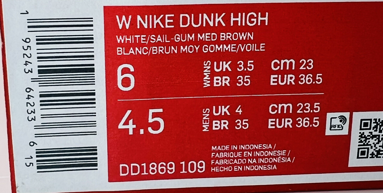 Women’s Size 6 – Nike Dunk High “Sail Gum” DD1869-109 New with Complete Box