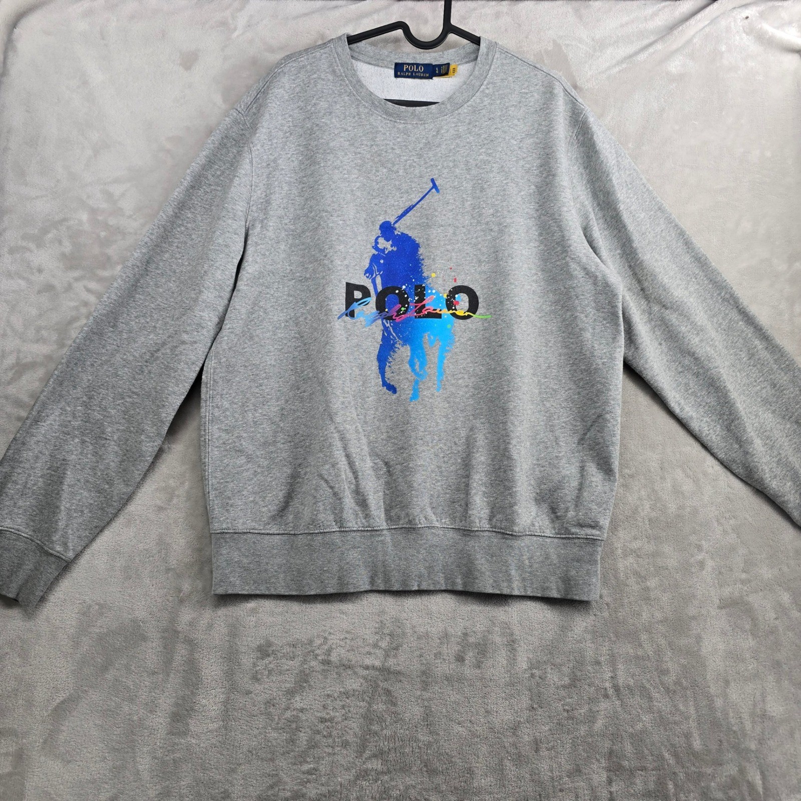 Polo Ralph Lauren Size Large Gray Sweatshirt Crewneck Paint splat Big Pony Logo