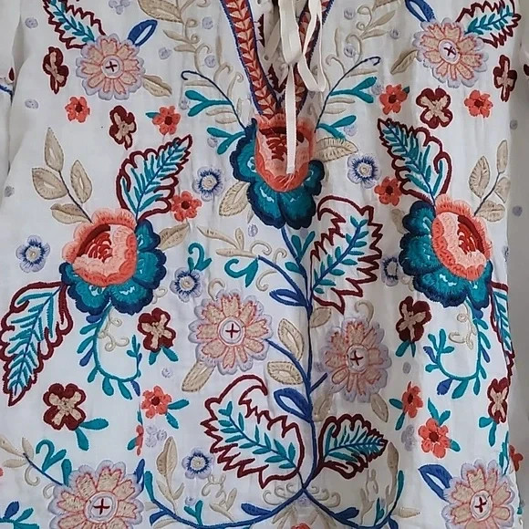 Johnny Was Oman Laceup Swing Embroidered Blouse Size L