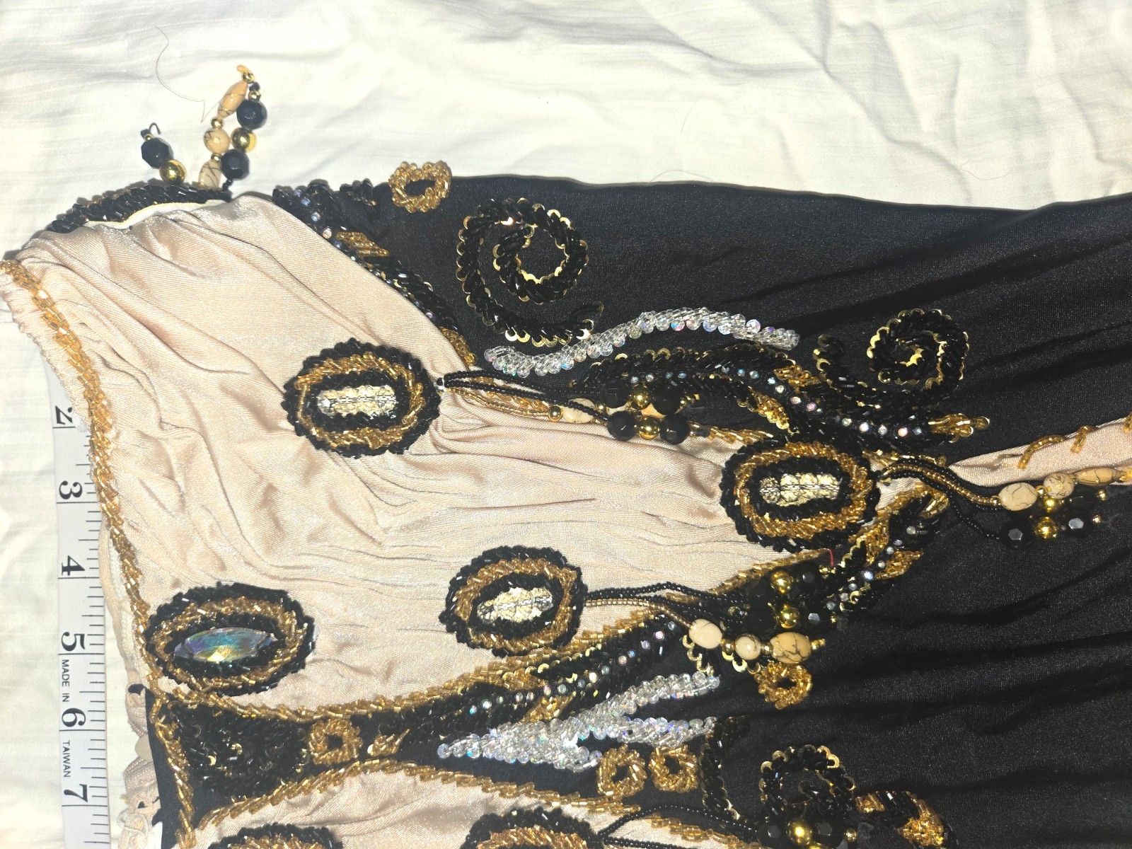 Very elegant black and ivory lycra Egyptian belly dance costume by Mumtaz