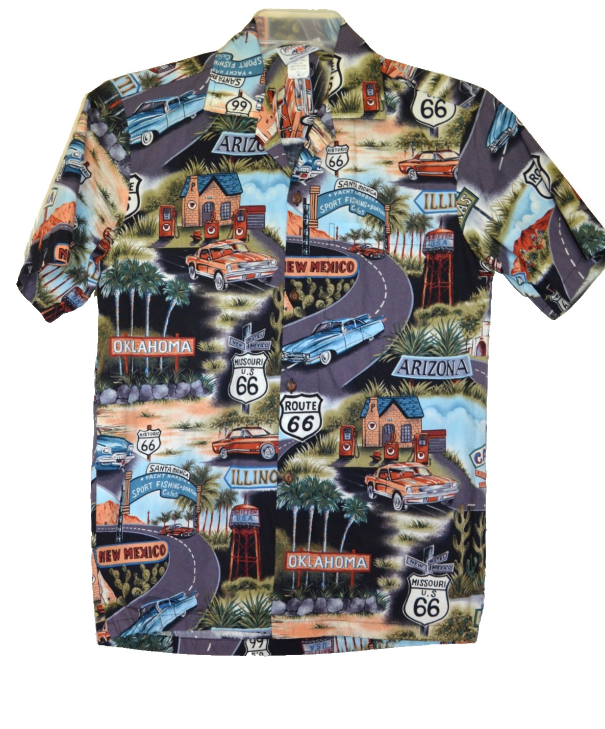 Pacific Legend Hawaiian Camp Shirt Mens S Route 66 Classic Cars Landmarks