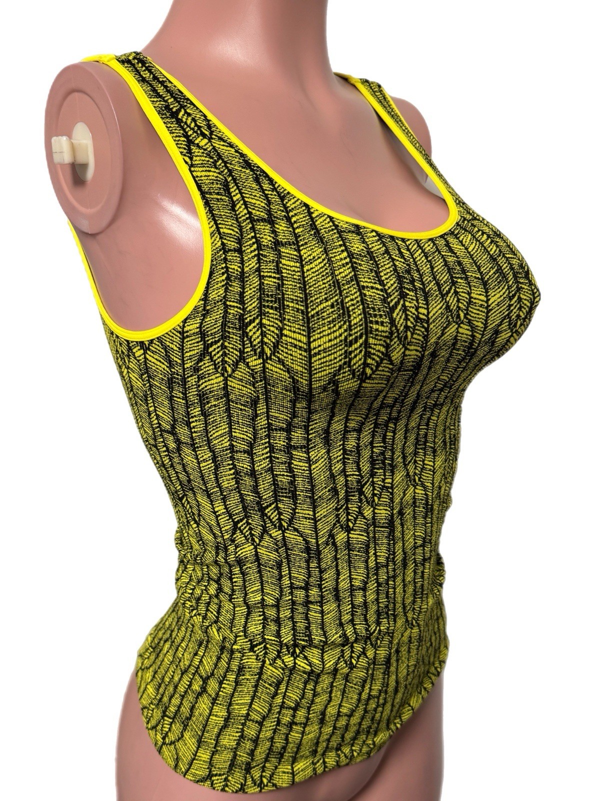 Yellow feather print tank seamless cami Top O/S casual festival rave party date