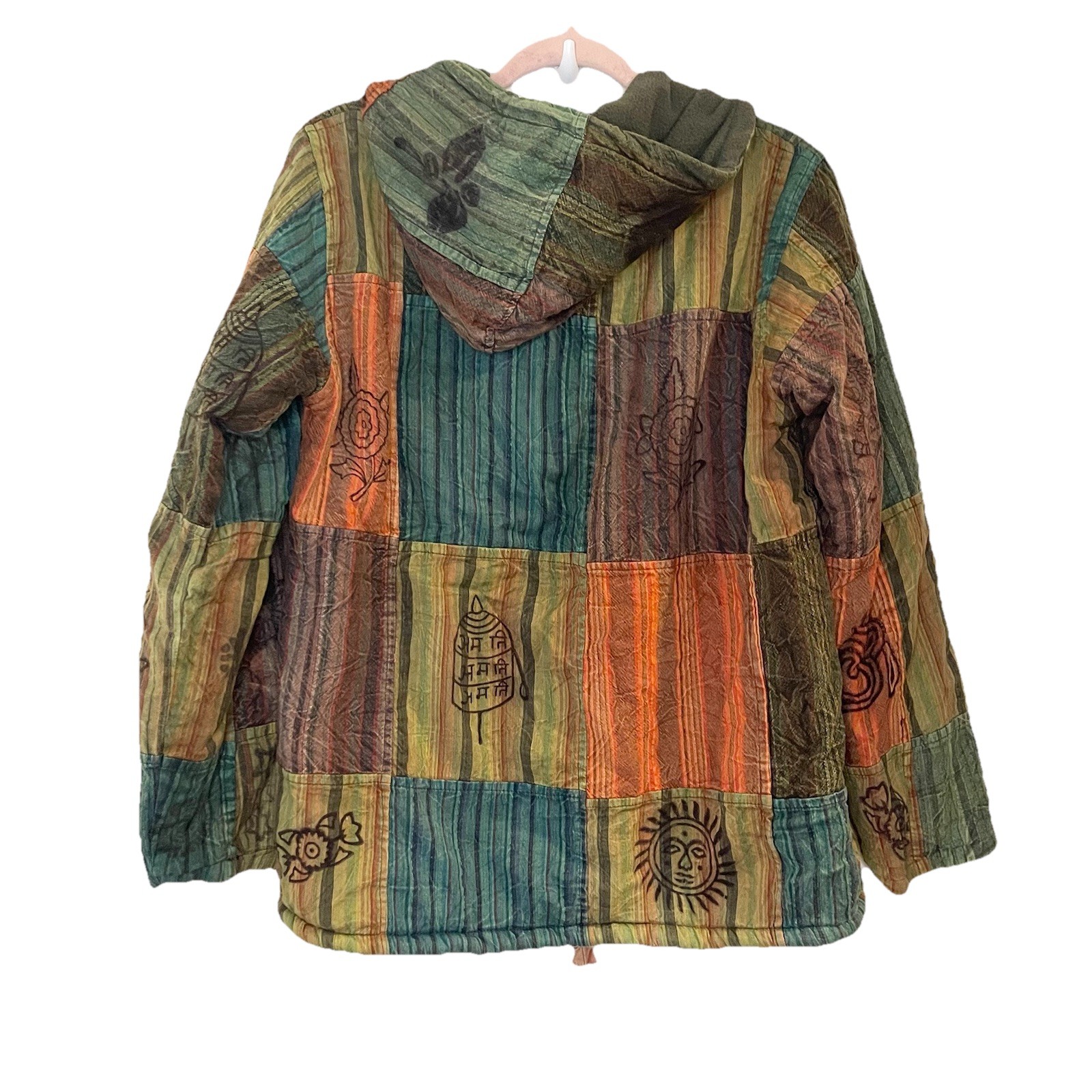 Green Patchwork Cotton Fleece Winter Jacket Unisex Hippie Jacket Hoodie Hipster