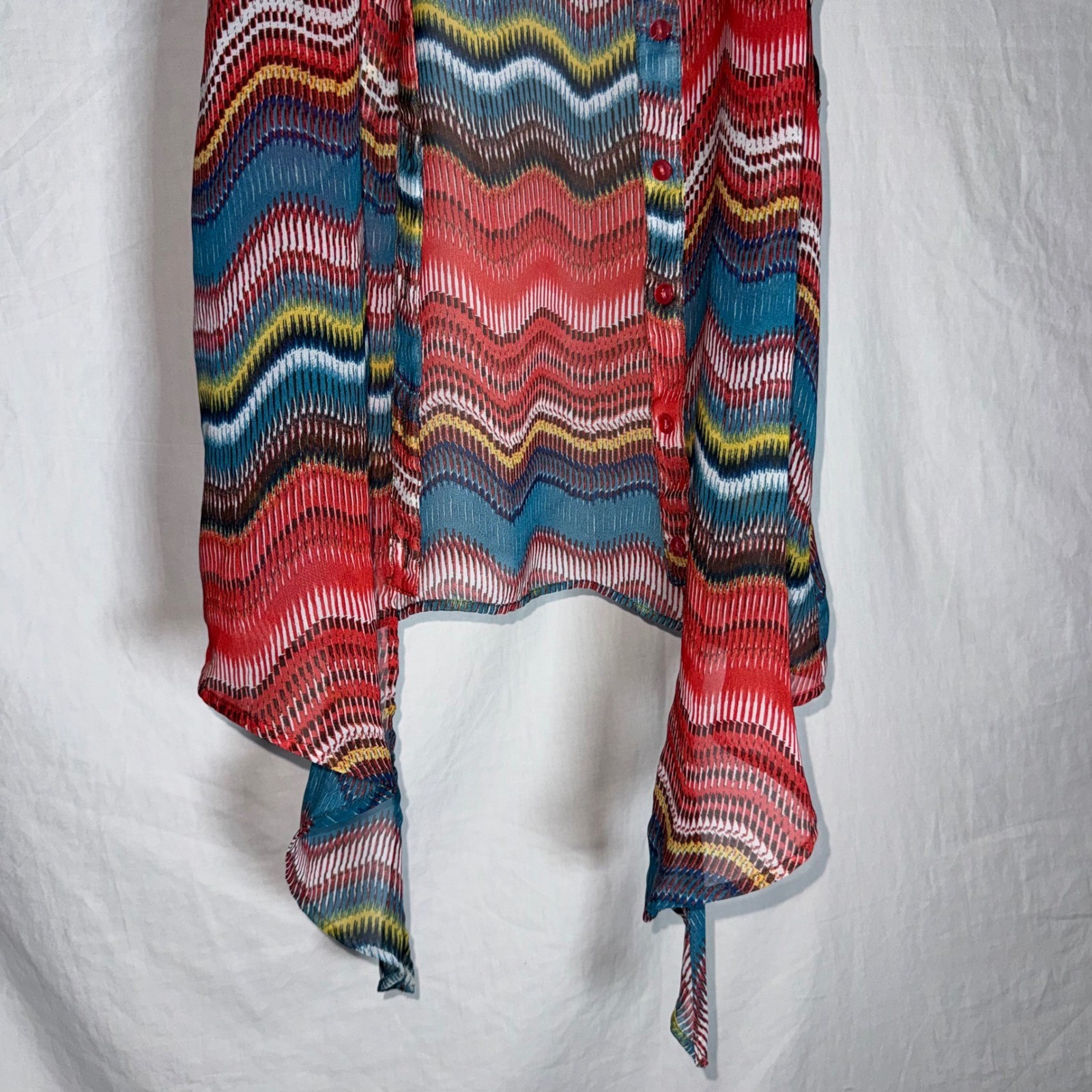 Boho Cold Shoulder Blouse Multi Color Chiffon Button Down Womens Size Medium