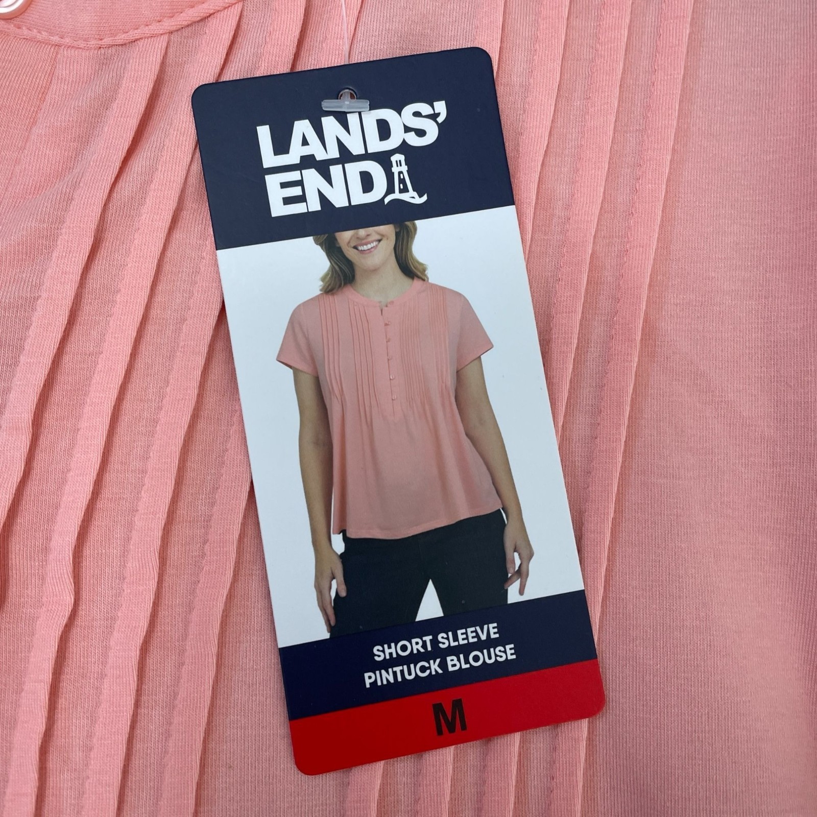 NWT Lands’ End Women’s M Short Sleeve Pintuck Blouse Pink Cotton Modal C0723