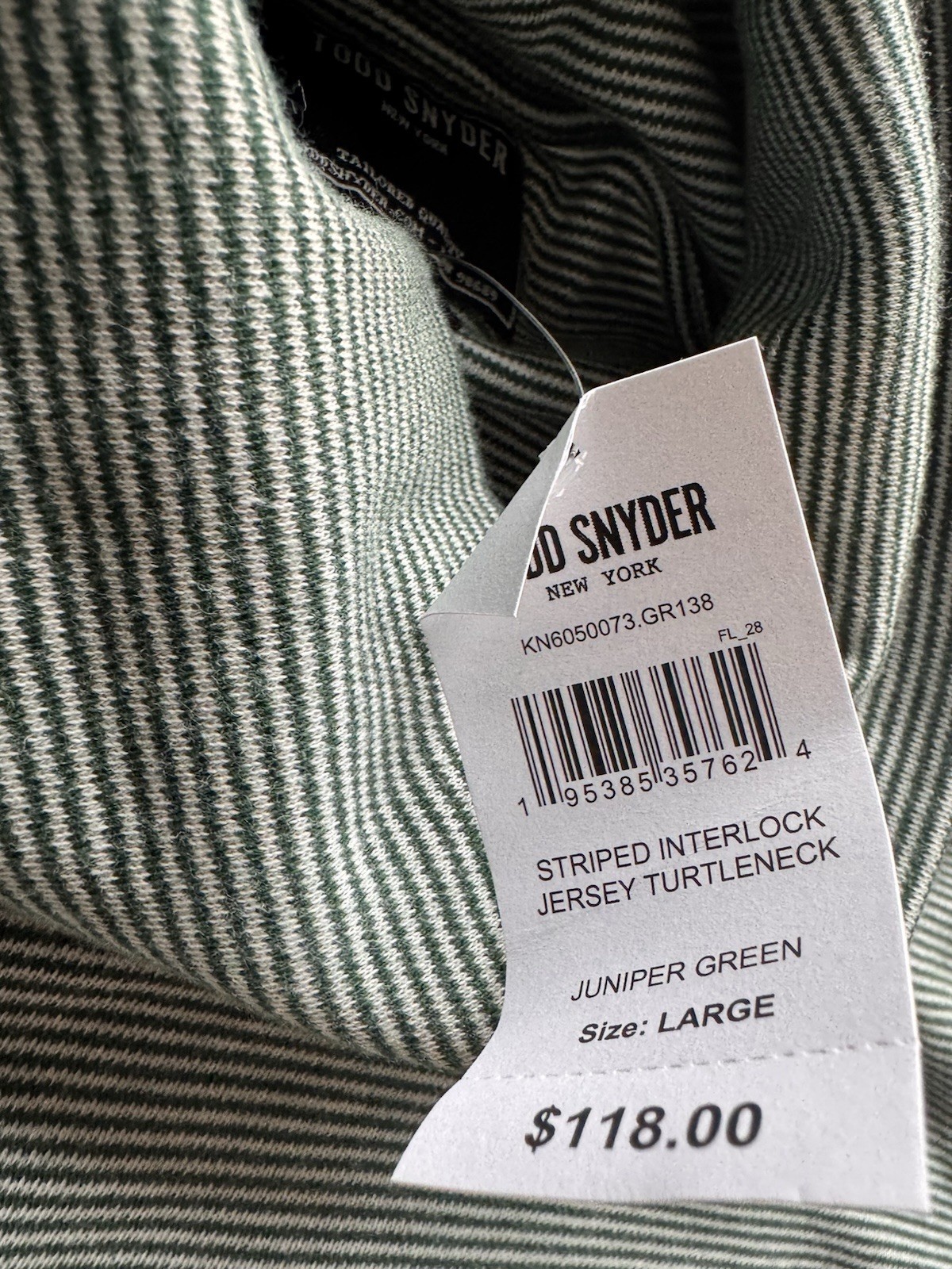 Todd Snyder Striped Interlock Turtleneck Large Juniper Green Cotton