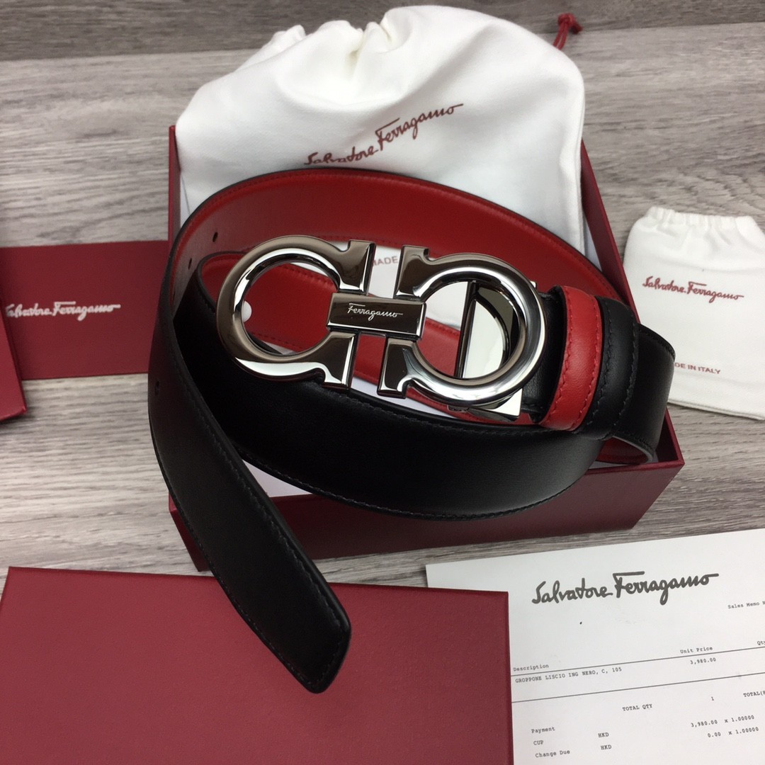 NWT Authentic Ferragamo Belt width 3.5cm/1.37inch Black / Red Reversible