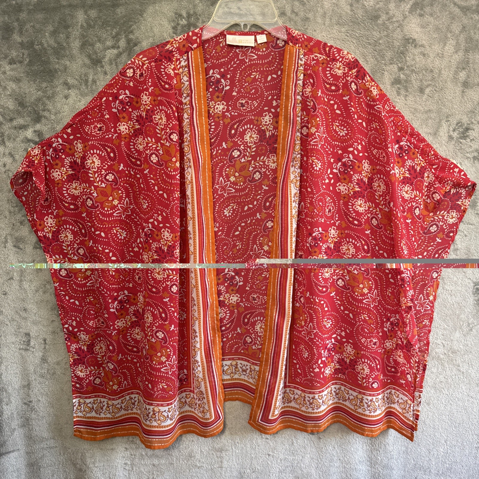Belle by kim gravel xl tops blouse red white floral kimono cardigan