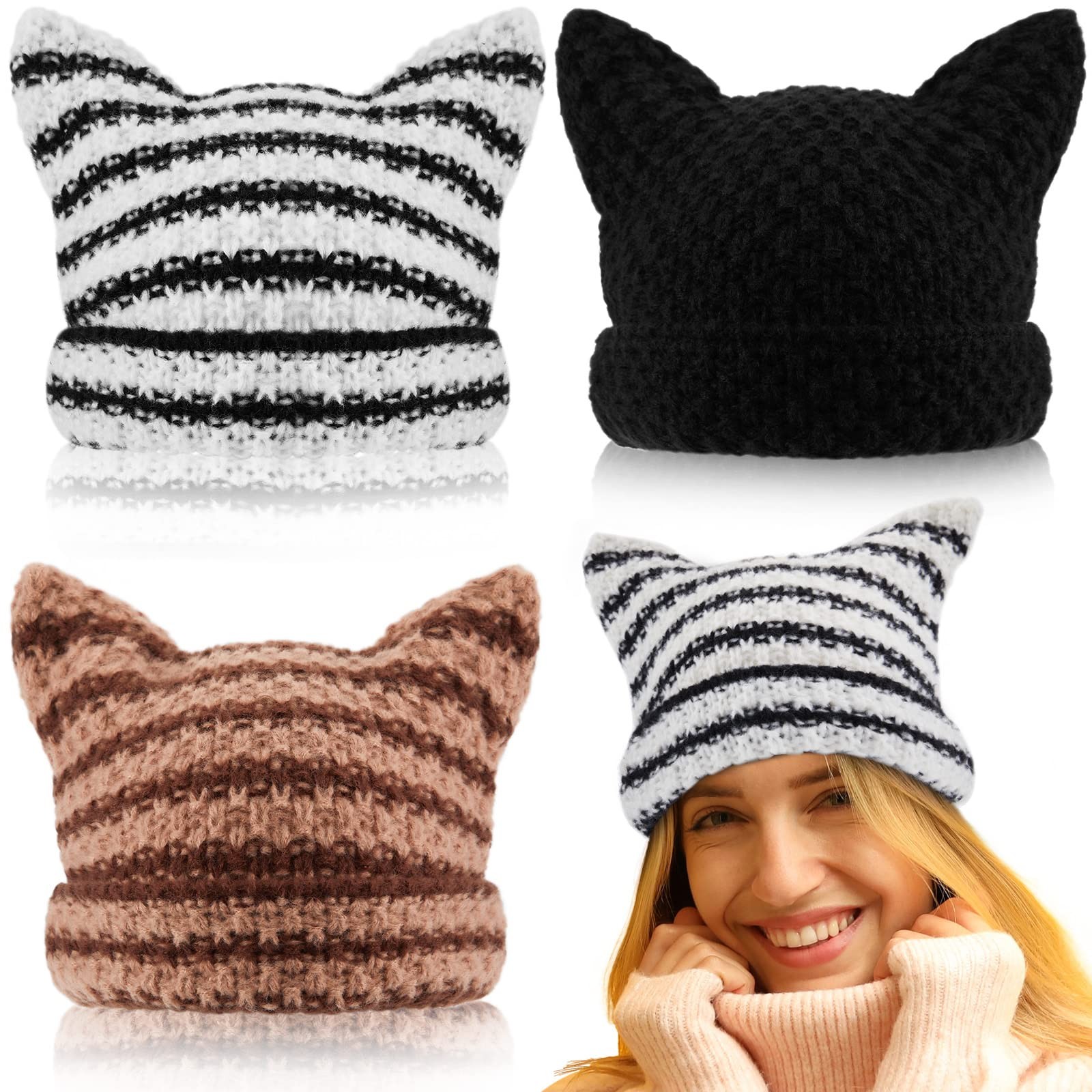 Hercicy 3 Pcs Women Crochet Cat Ear Beanie Winter Warm Medium, Classic Colors