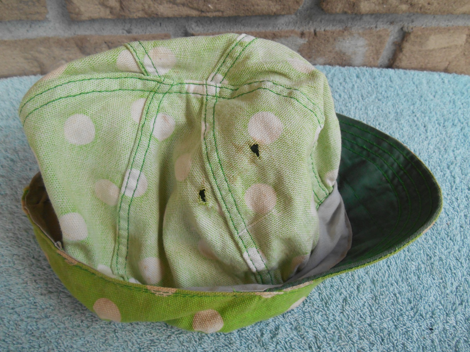Vintage COTTON WELDERS CAP. GREEN & WHITE DOTS. SIZE SMALL 6-7/8. HAS HOLES!