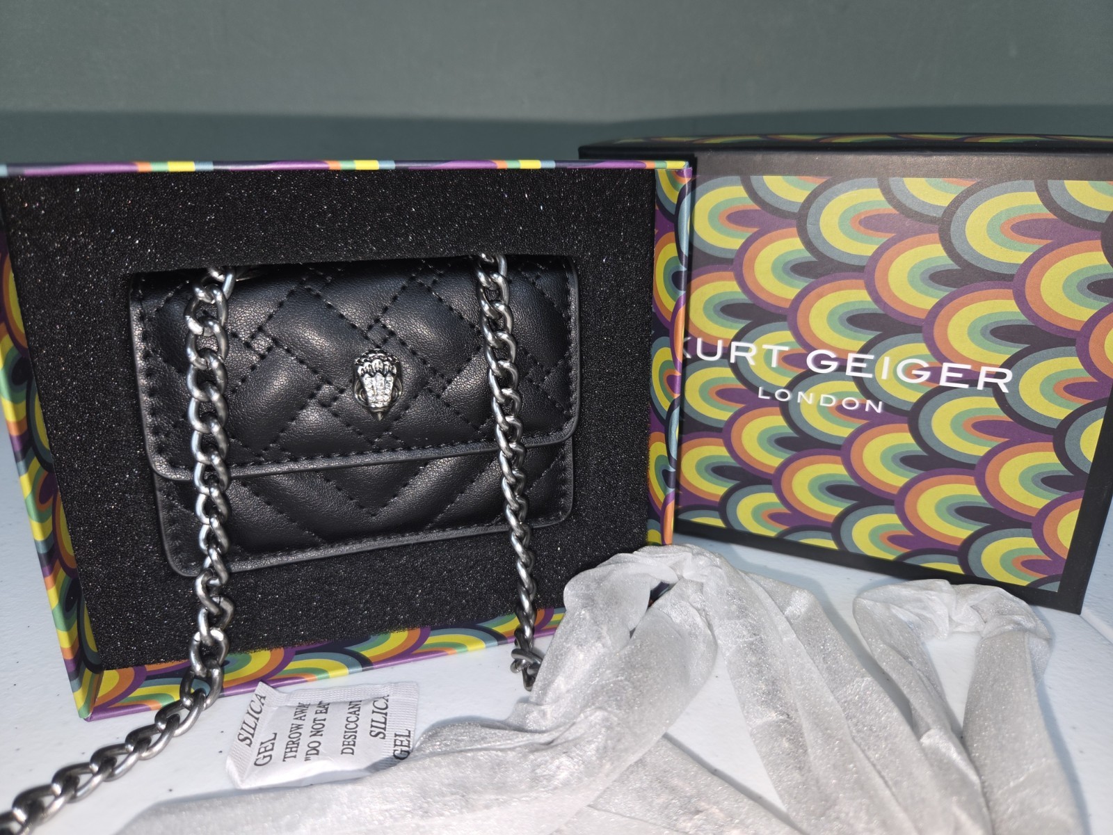 New! Kurt Geiger London Black Mini Crossbody Chain Strap Eagle Logo Snap w/ Box