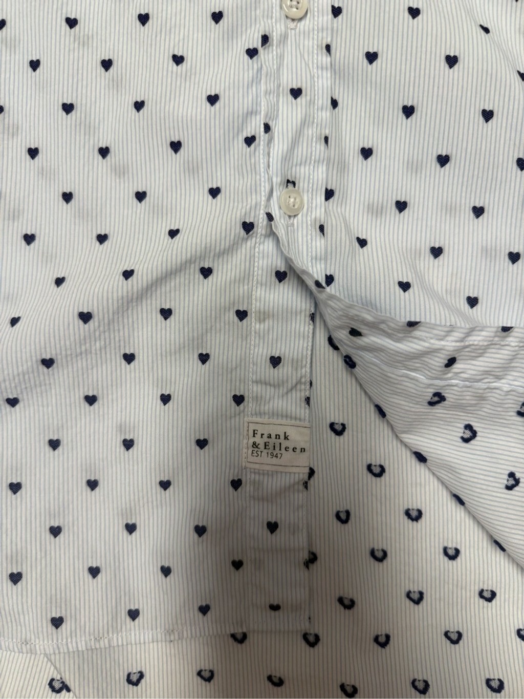 Frank & Eileen Eileen Heart Print Button Front Shirt Blue Stripe Large