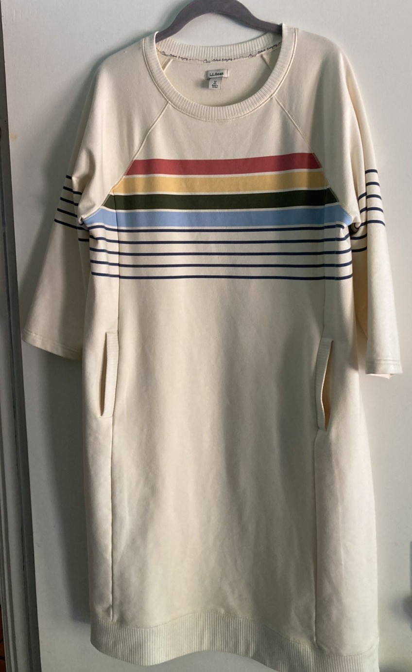 L.L. Bean Womens Size M / L Off White Striped Pullover Cozy Sweatshirt Dress