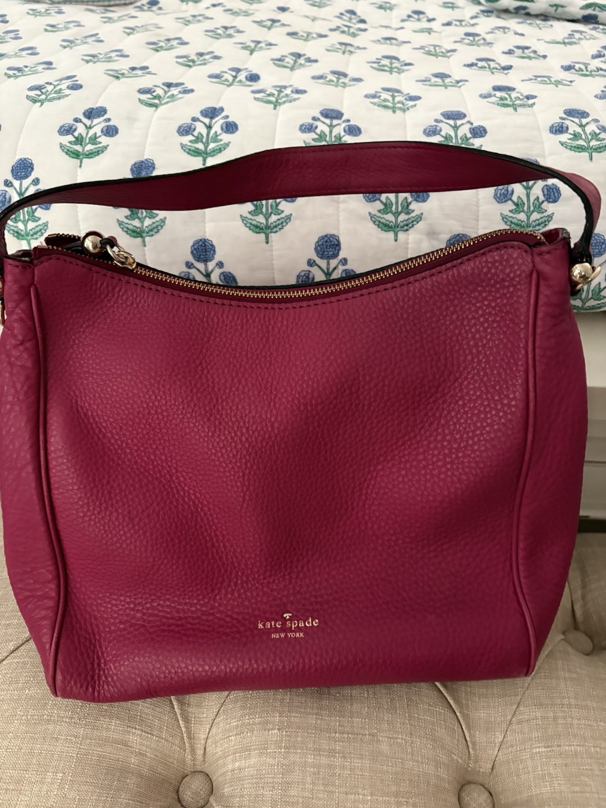 Kate Spade New York Pink Pebbled Shoulder Bag Zip Striped Lining Gold Hardware