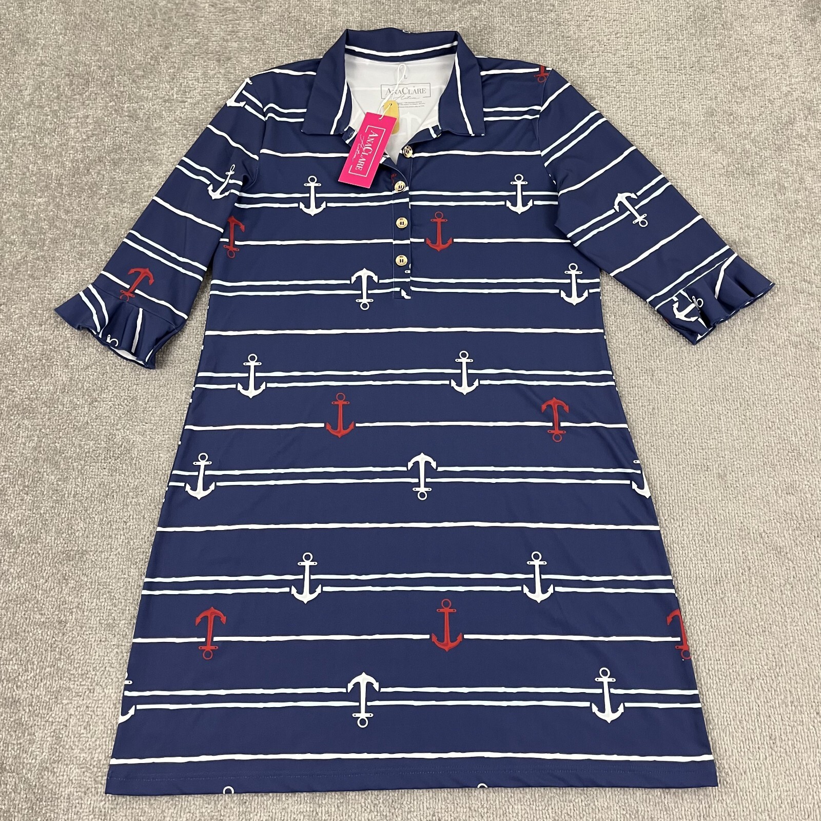 Ana Clare Marin Dress Womens Large Anchored Nautical Active Stretch Preppy NEW