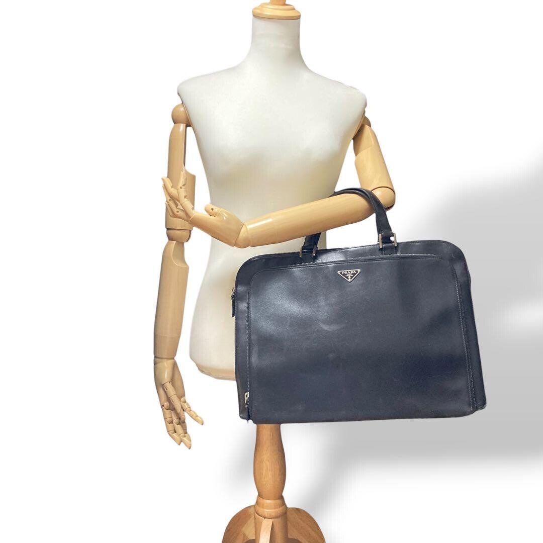 Prada Saffiano Leather Black Briefcase Business Bag Triangle Logo Auth
