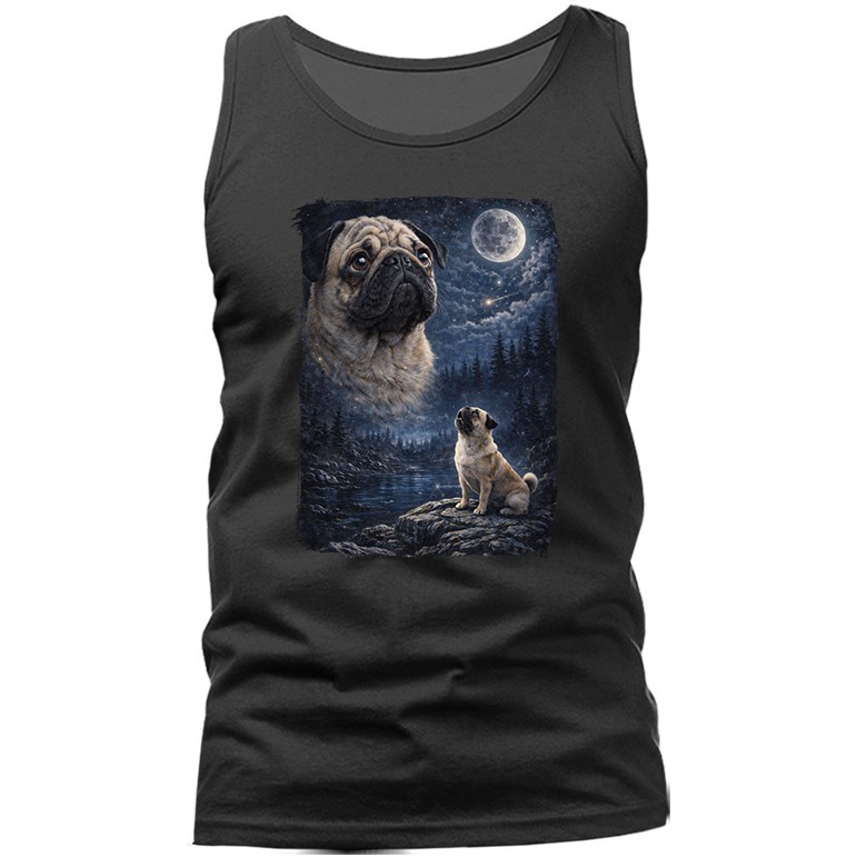 Pug Howling at Moon Night Forest Dog Waterfall Tank Top