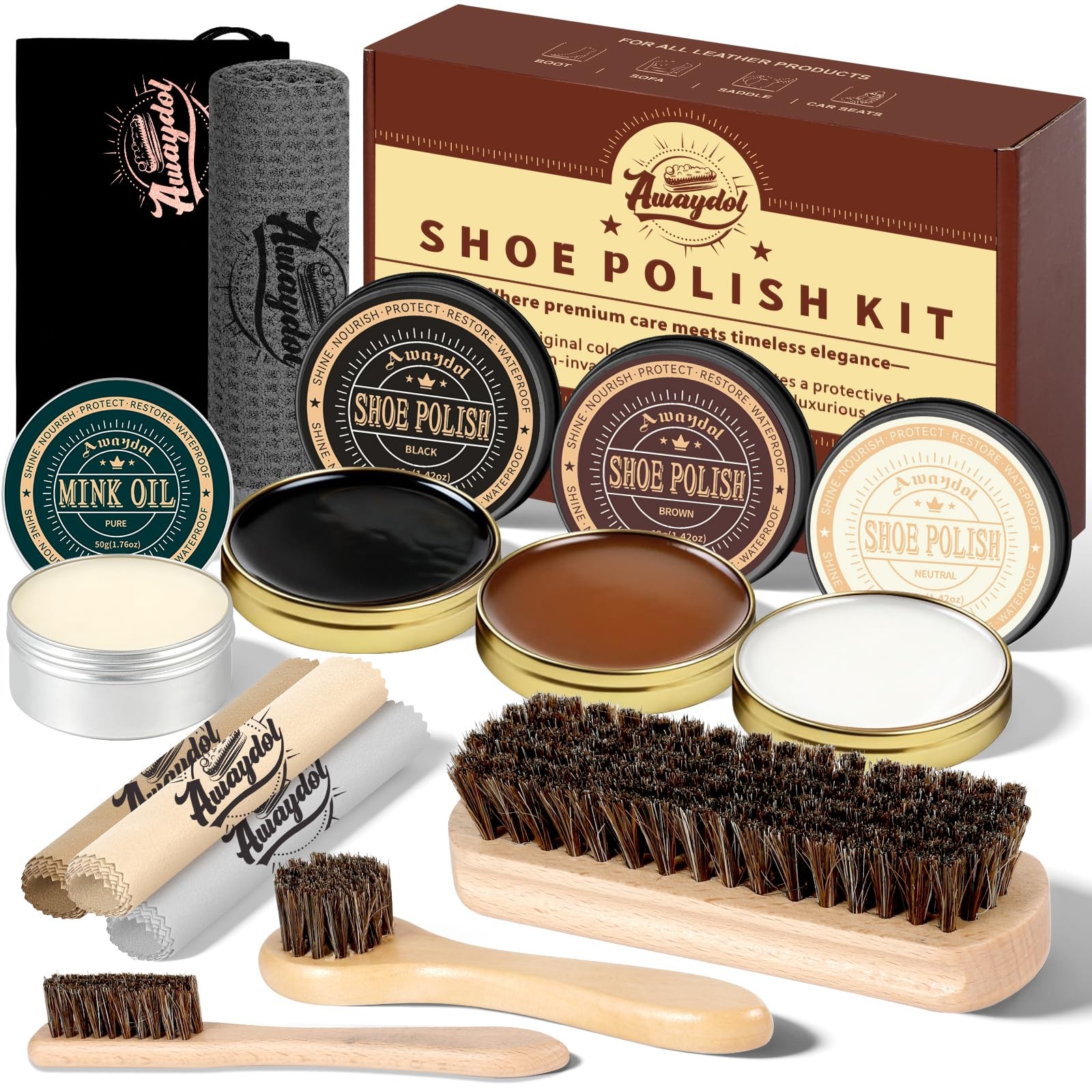 10 PCS Shoe Polish Kit Horsehair Brushes, Black Brown Neutral Polish,Mink Oi…