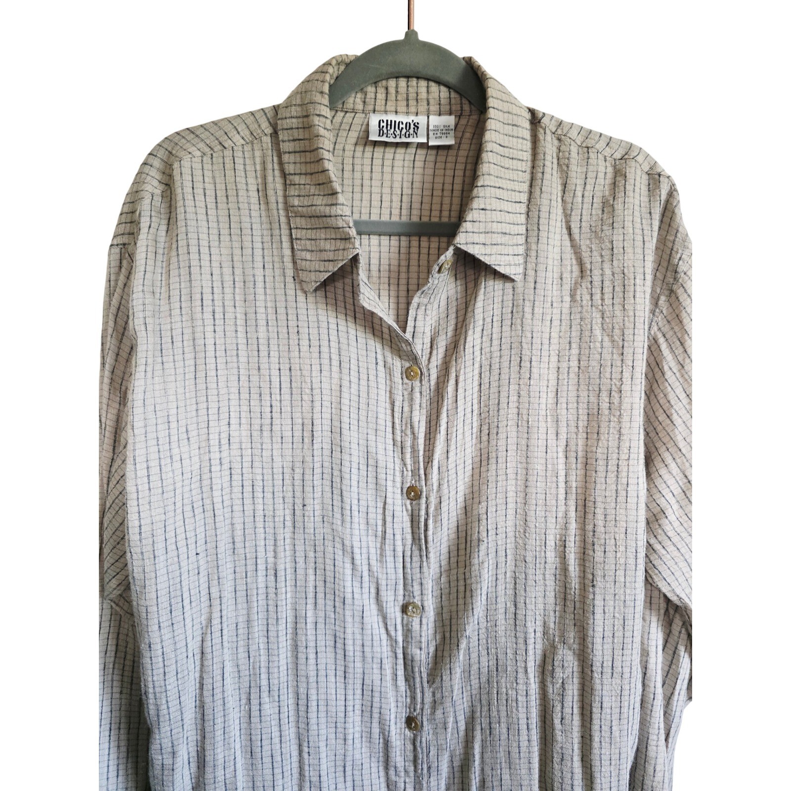 Chicos Design 3 Vintage 100% Silk Grid Long Tunic Shirt Tan Black Womens XL