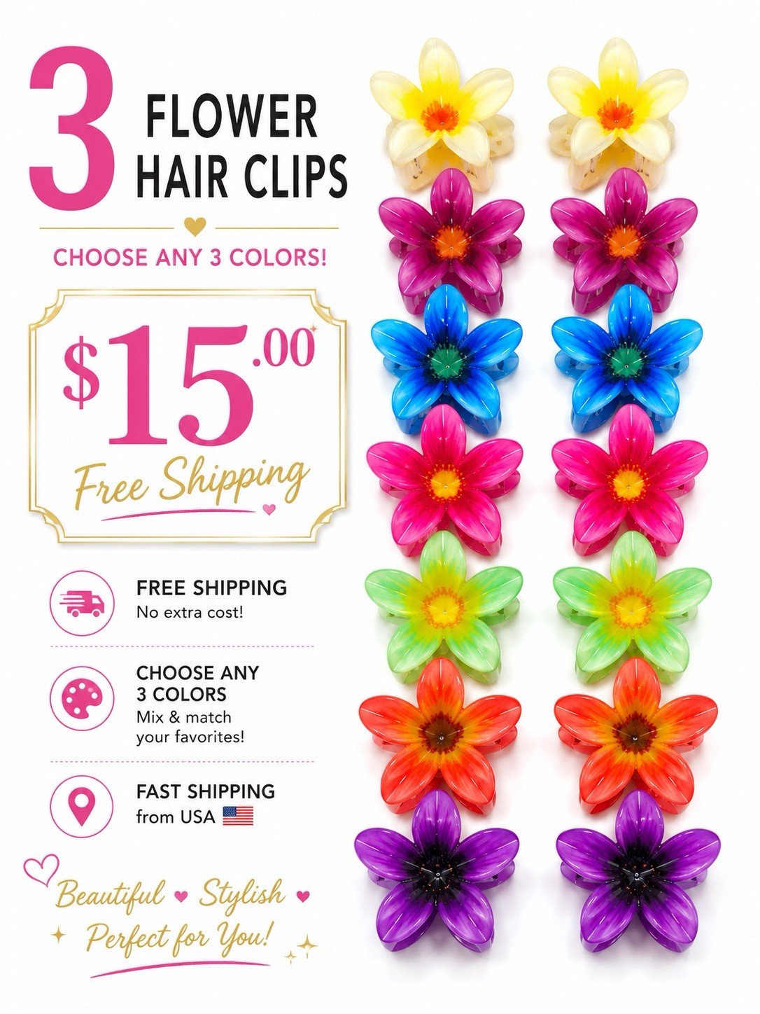 3PCS Flower Hair Clips Plastic Multicolor Floral For All Hair Types Women Teens