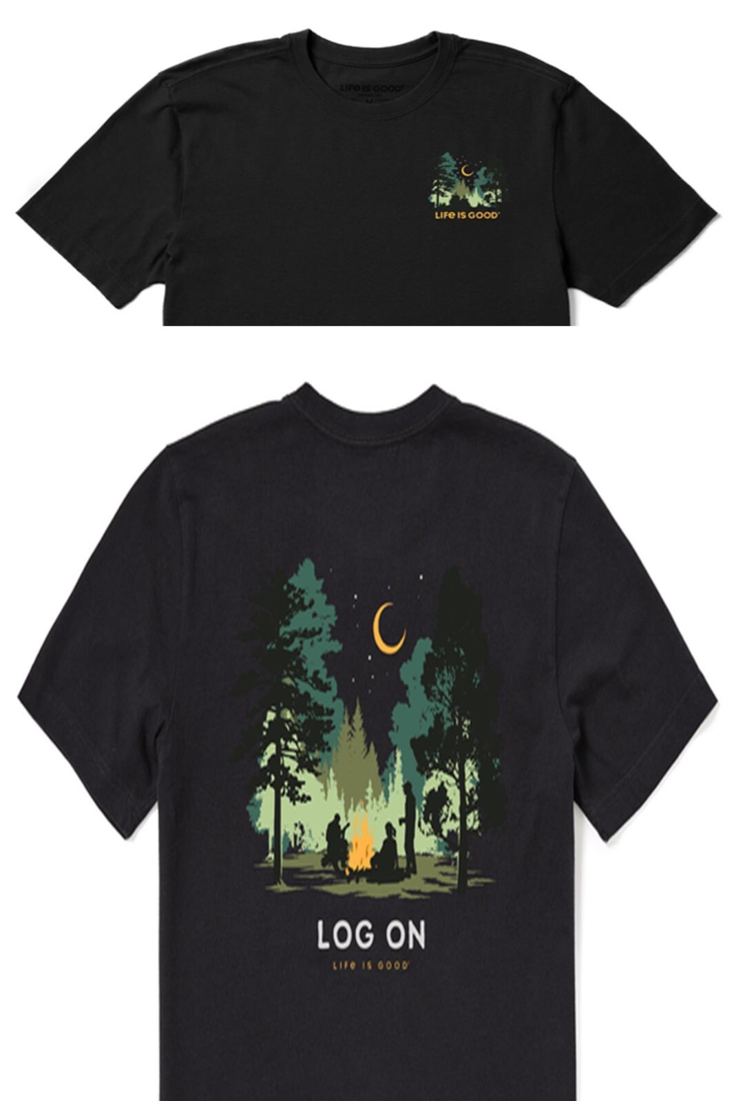 Life Is Good SS Shirt Crusher Tee LOG ON CAMPFIRE Camp Music Chest43in Mens M
