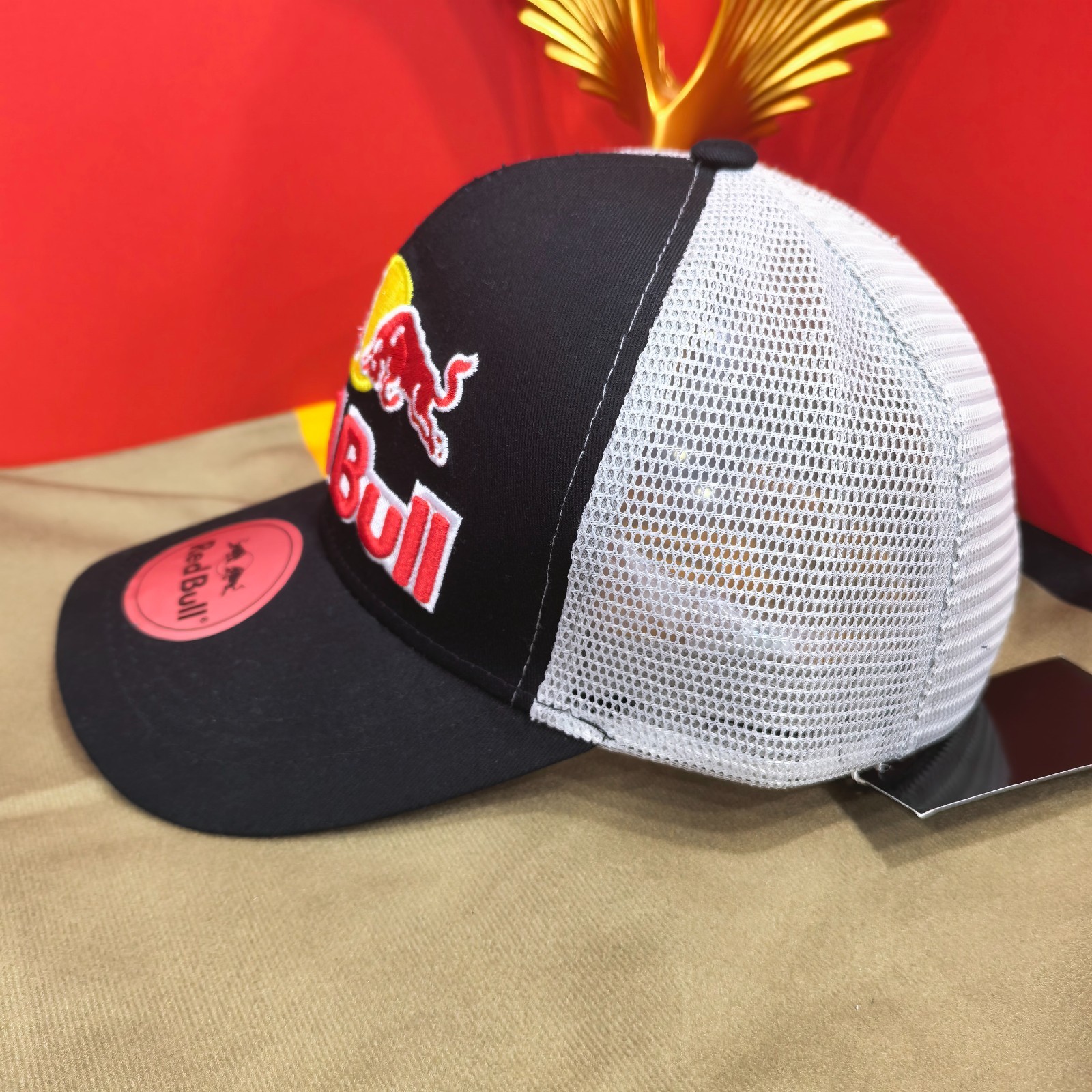 Red Bull Black Adjustable Baseball Cap with White Back Mesh Design