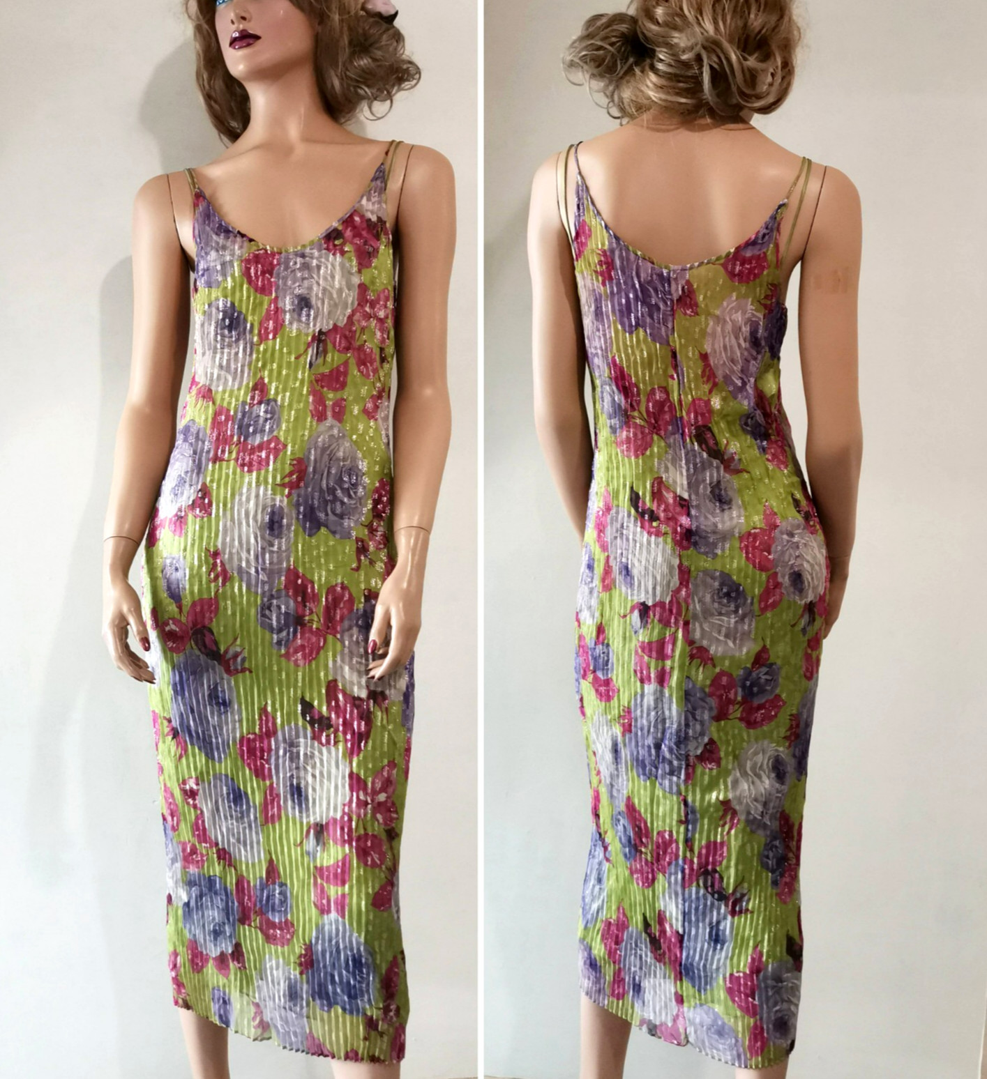 🆓US🛃 vtg 2000 Dolce&Gabbana floral printed Corrugated pleated Silk Dress IT 44