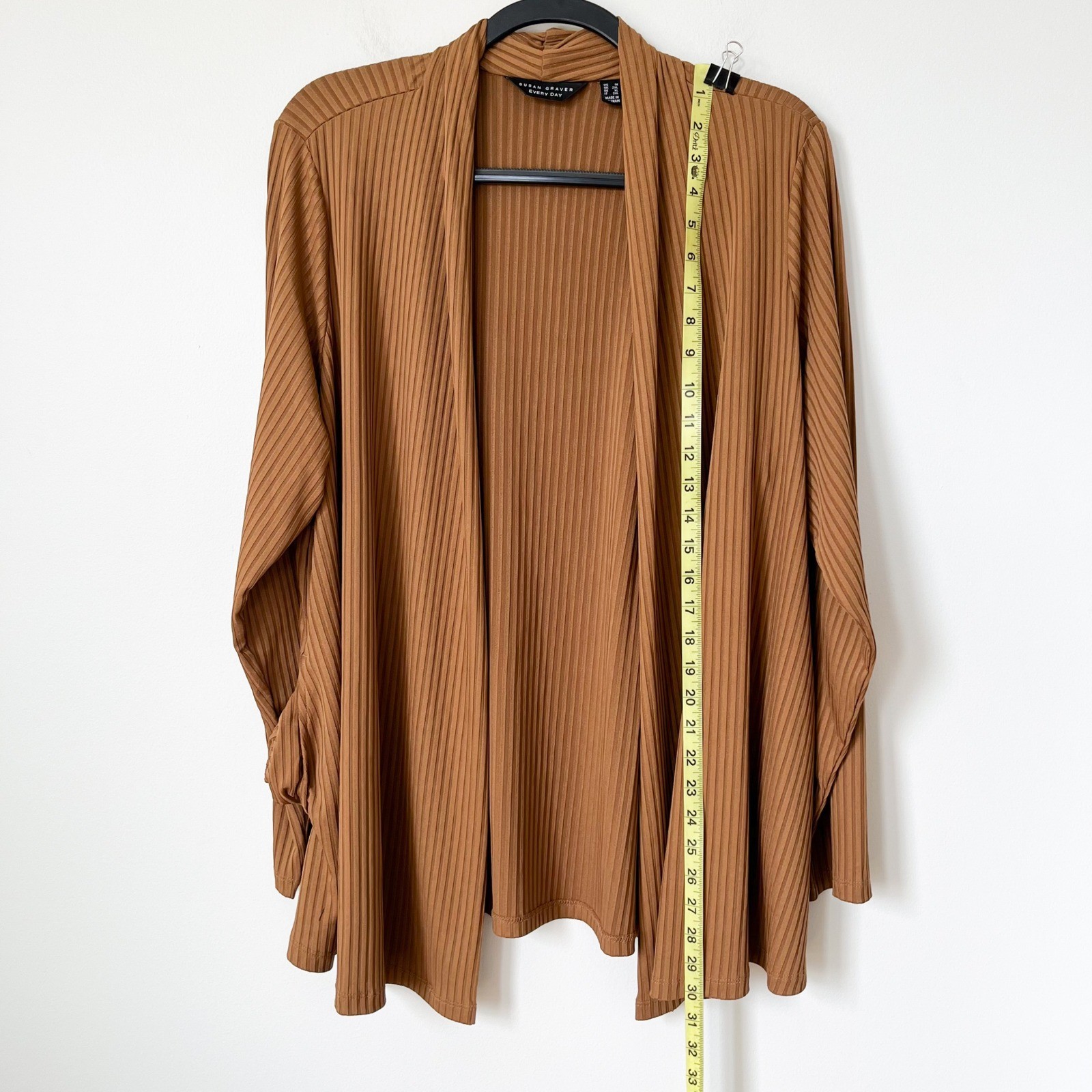Susan Graver Ribbed Liquid Knit Open Front Cardigan Womens 1X Caramel Twist