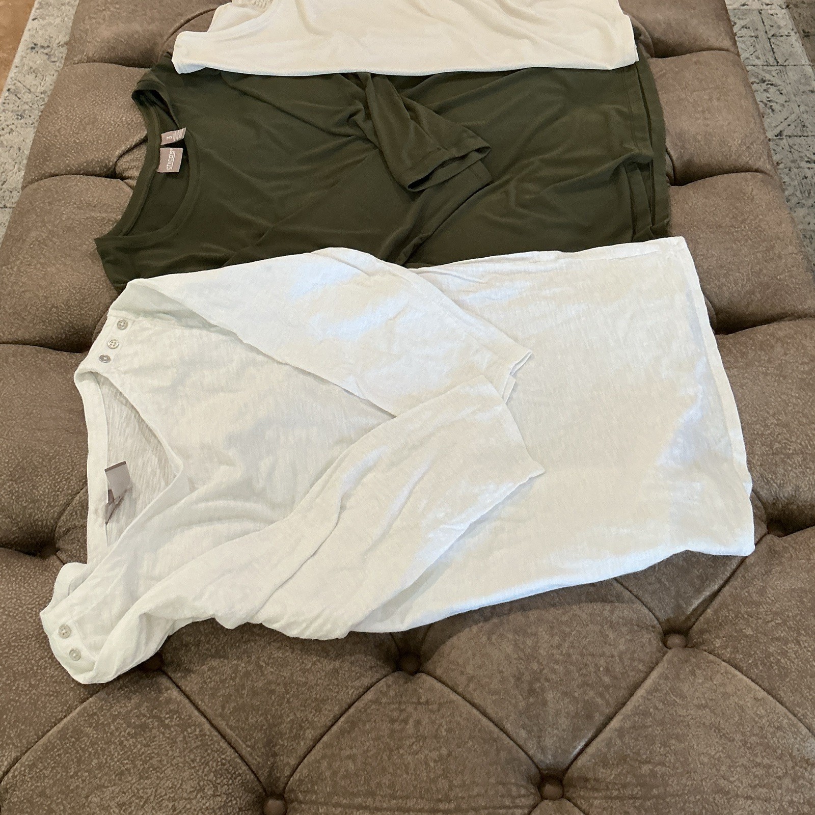 Chicos Women’s Size 3 Lot Of Three Blouses, White, Green, And Beige