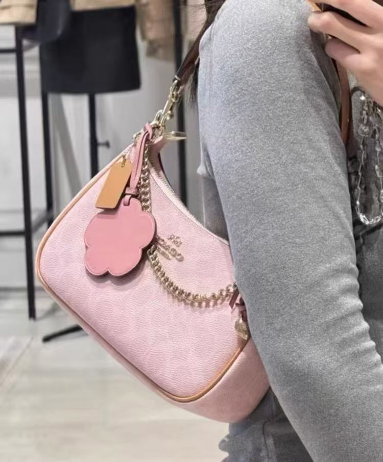 NWT Coach Gold Powder Pink Teri Shoulder Bag Signature with Charms CEA20