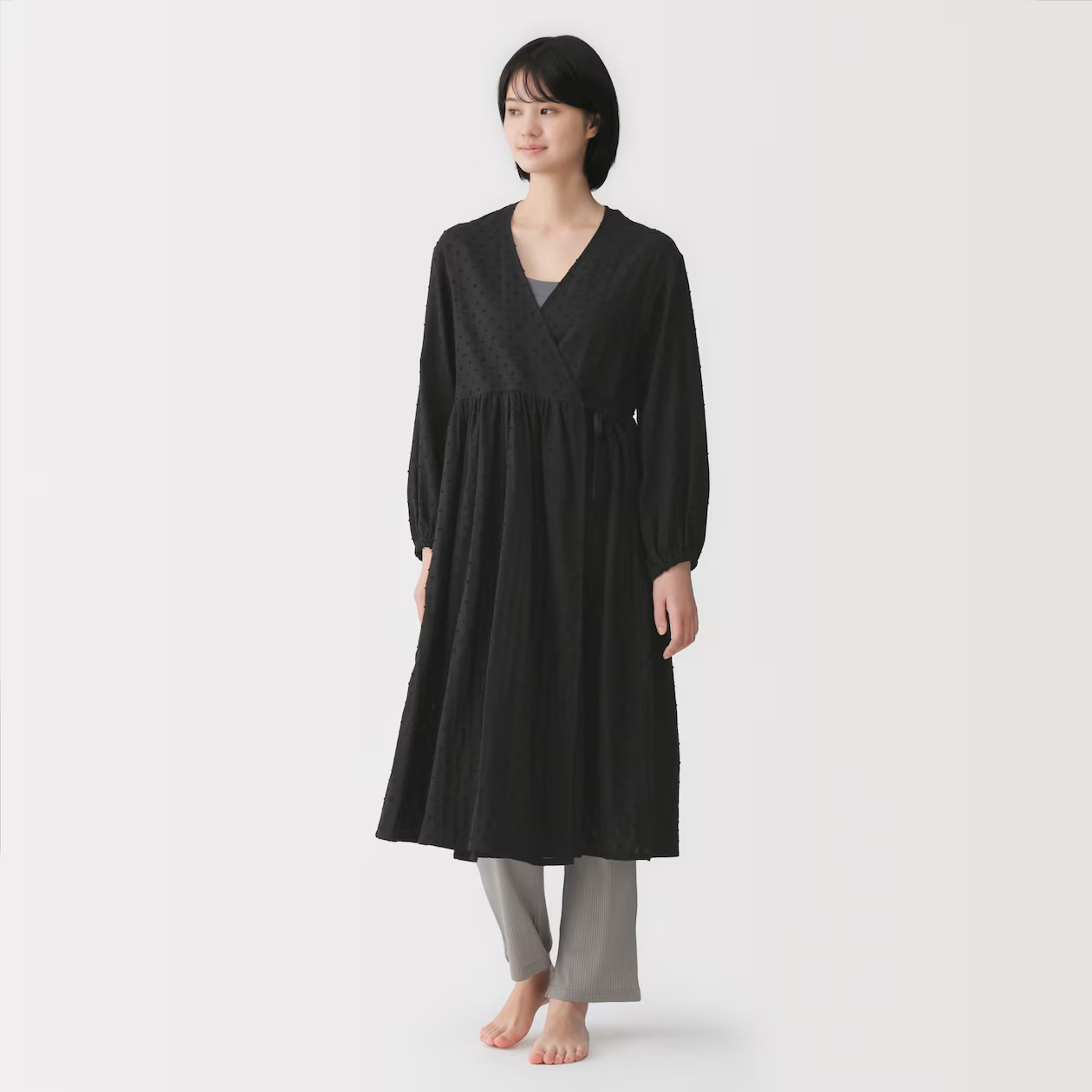 MUJI Womens 100% Organic Cotton Double Gauze Dot Dobby Robe Black FedEx