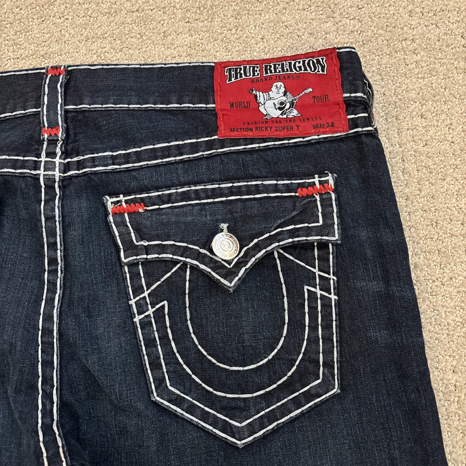 True Religion Ricky Super T Jeans Men’s Size 42/36 Made in USA Thick Stitch Red