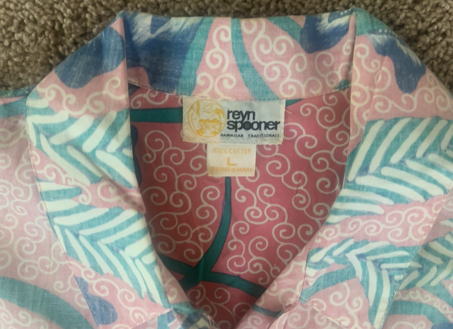 Vtg Reyn Spooner Hawaiian Aloha Pink Reverse Print Front Pockets Lady’s Shirt Lg