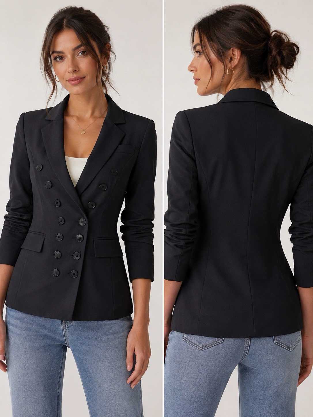 Elizabeth and James Black Double-Breasted Ruched Sleeve Blazer Jacket Size 8