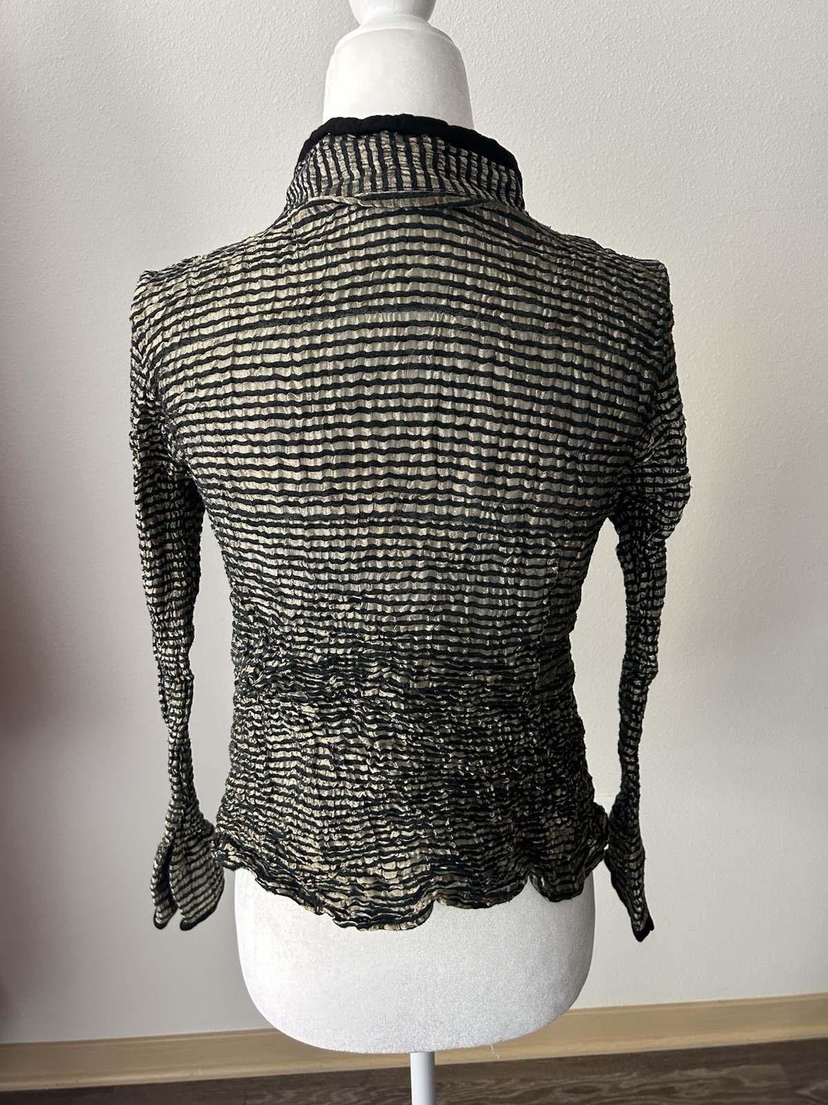 Deborah Cross Textile Artist Striped Crinkle Blouse Black Gold Art To Wear Goth