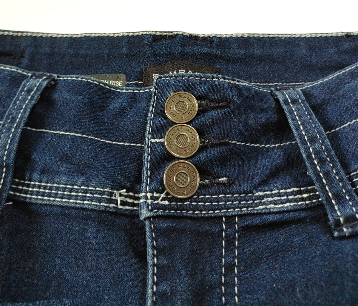 RAMPAGE “WES” Ladies 9 Skinny Stretch High Rise Jeans Dark Blue White Stitch EUC