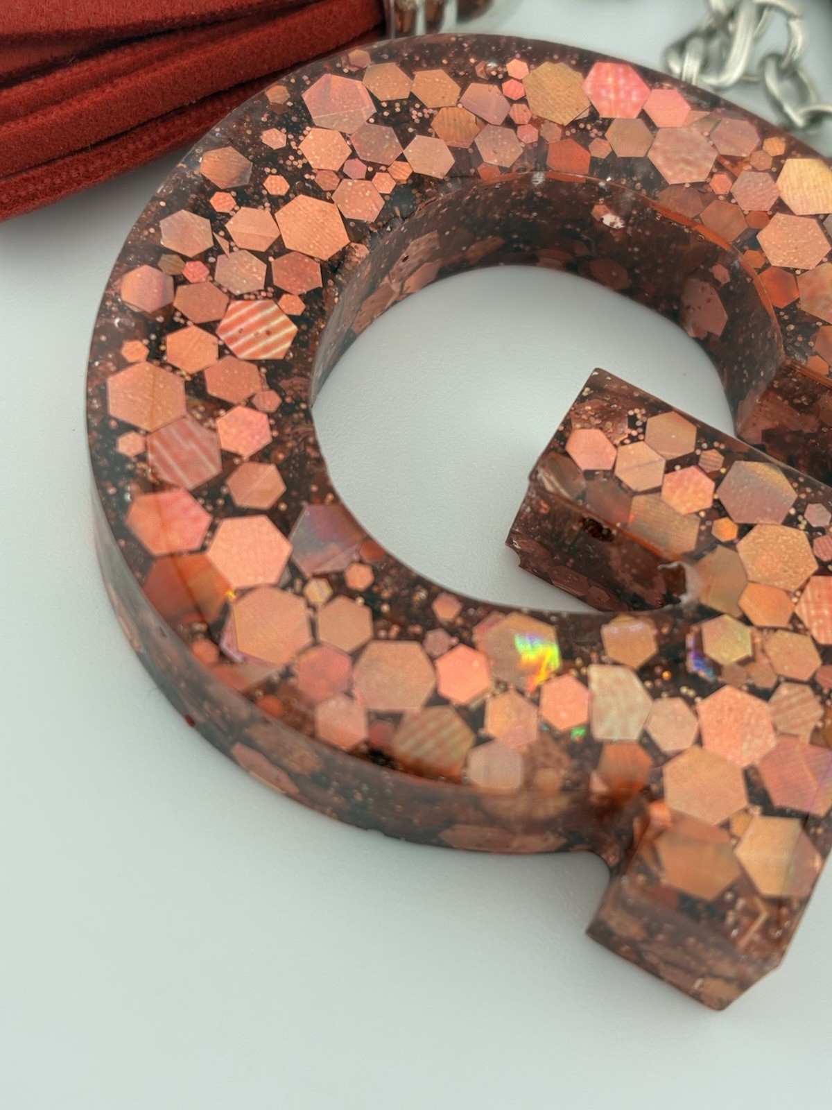 Handmade Epoxy Resin Letter G Keychain Rose Gold Glitter Heart Tassel New