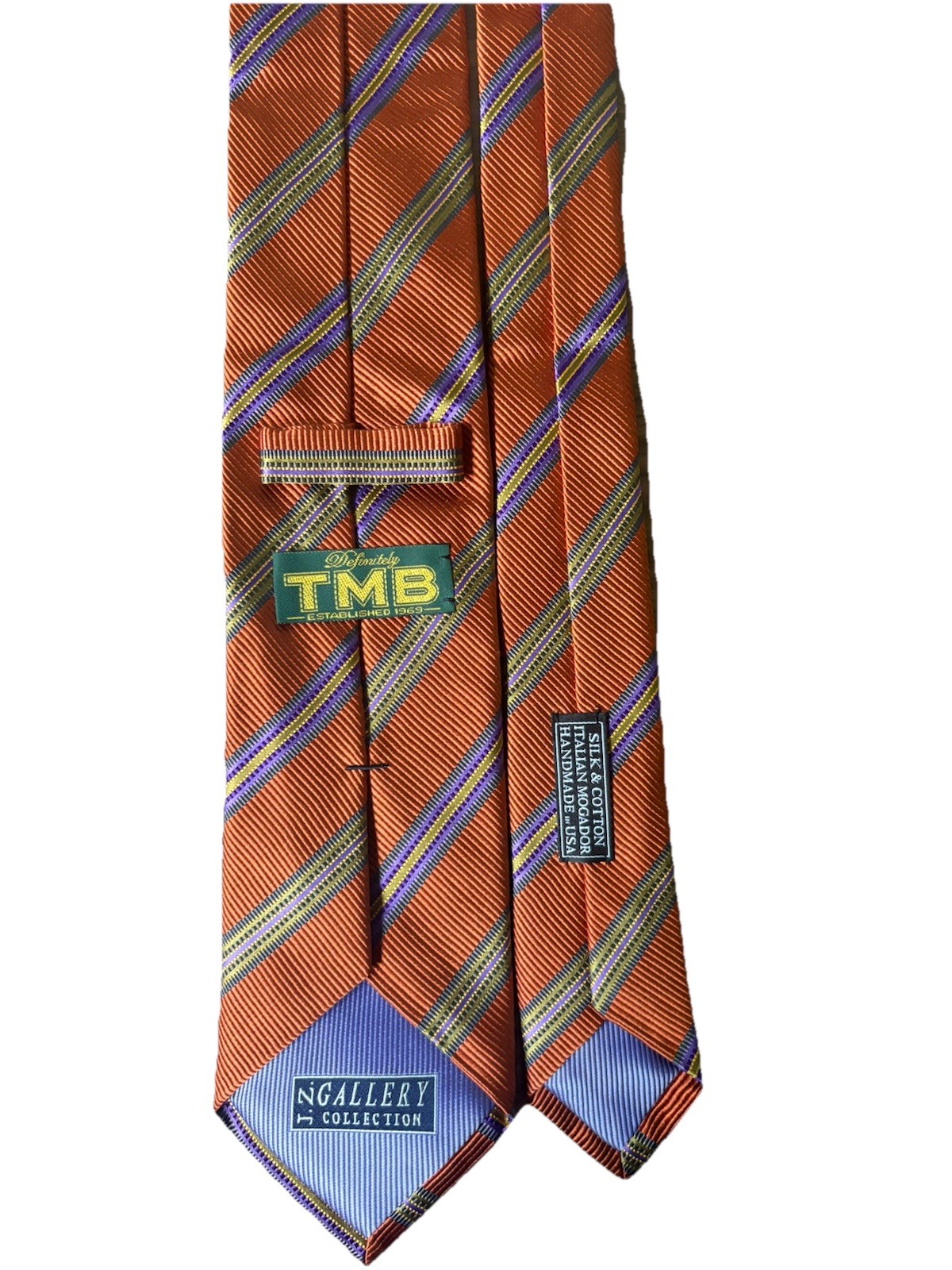 TMB Handmade Woven Silk Cotton Striped Pointed Tie Orange Purple Green Logo
