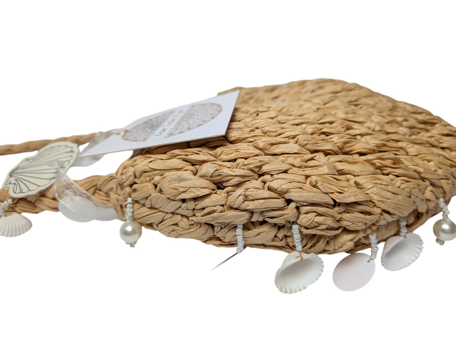 NWT From India To You Brand Artisan Lt Tan Raffia Genuine Shell Bead Accents Bag