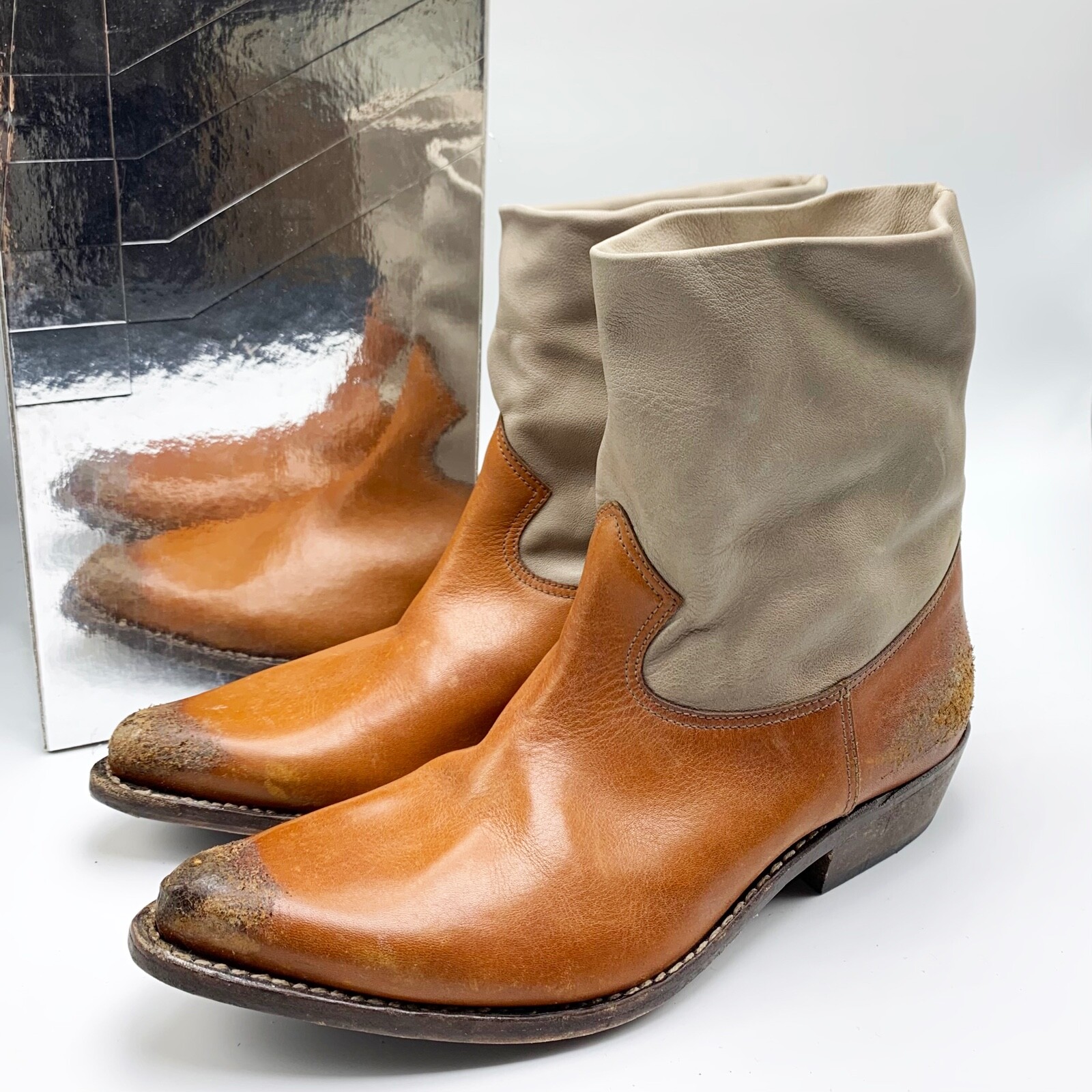 $950 Golden Goose Tribute Distressed Cowboy Western Ankle Boots Brown Grey 38