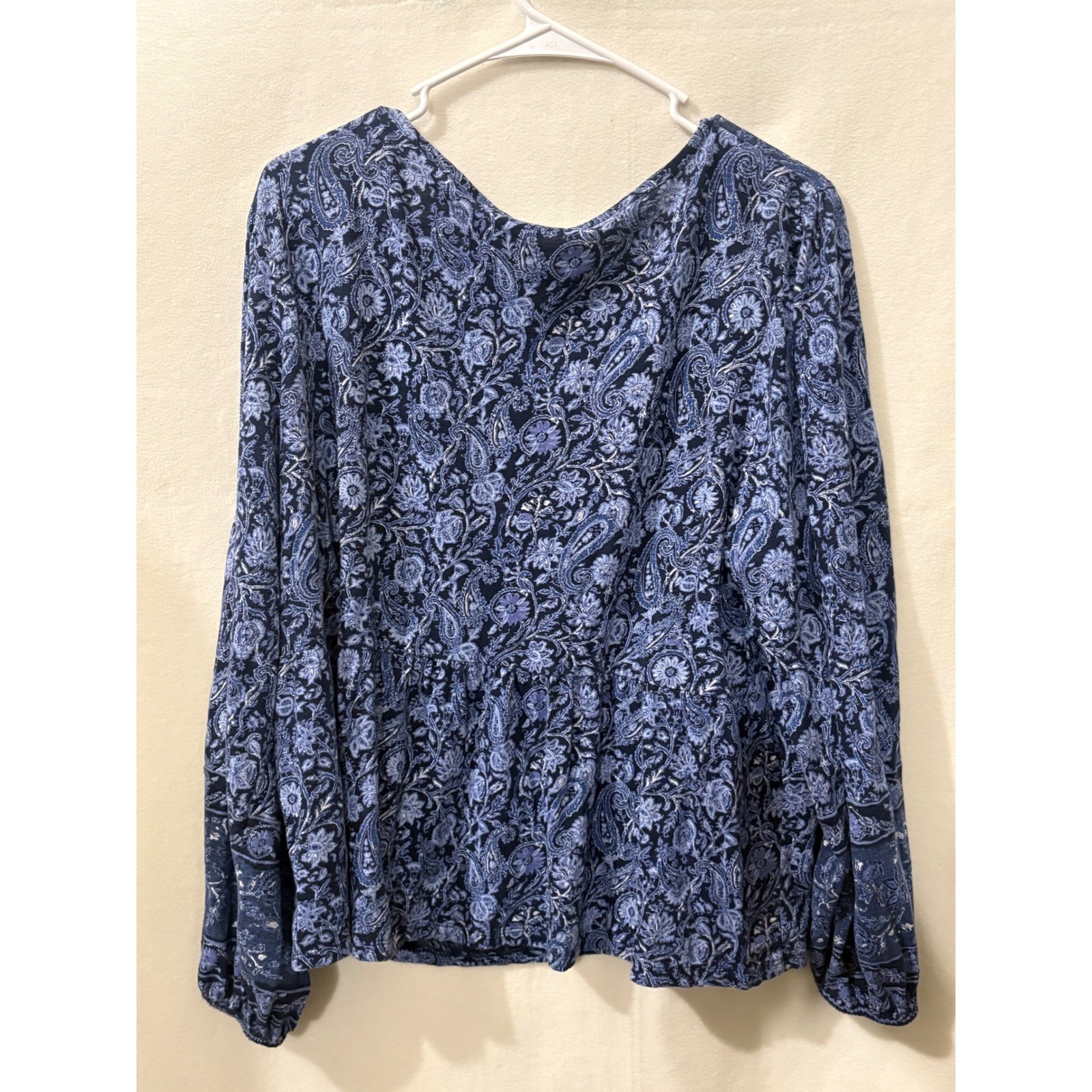 Lucky Brand Womens XL Navy Blue Paisley Floral Peplum Boho V-Neck Blouse Top