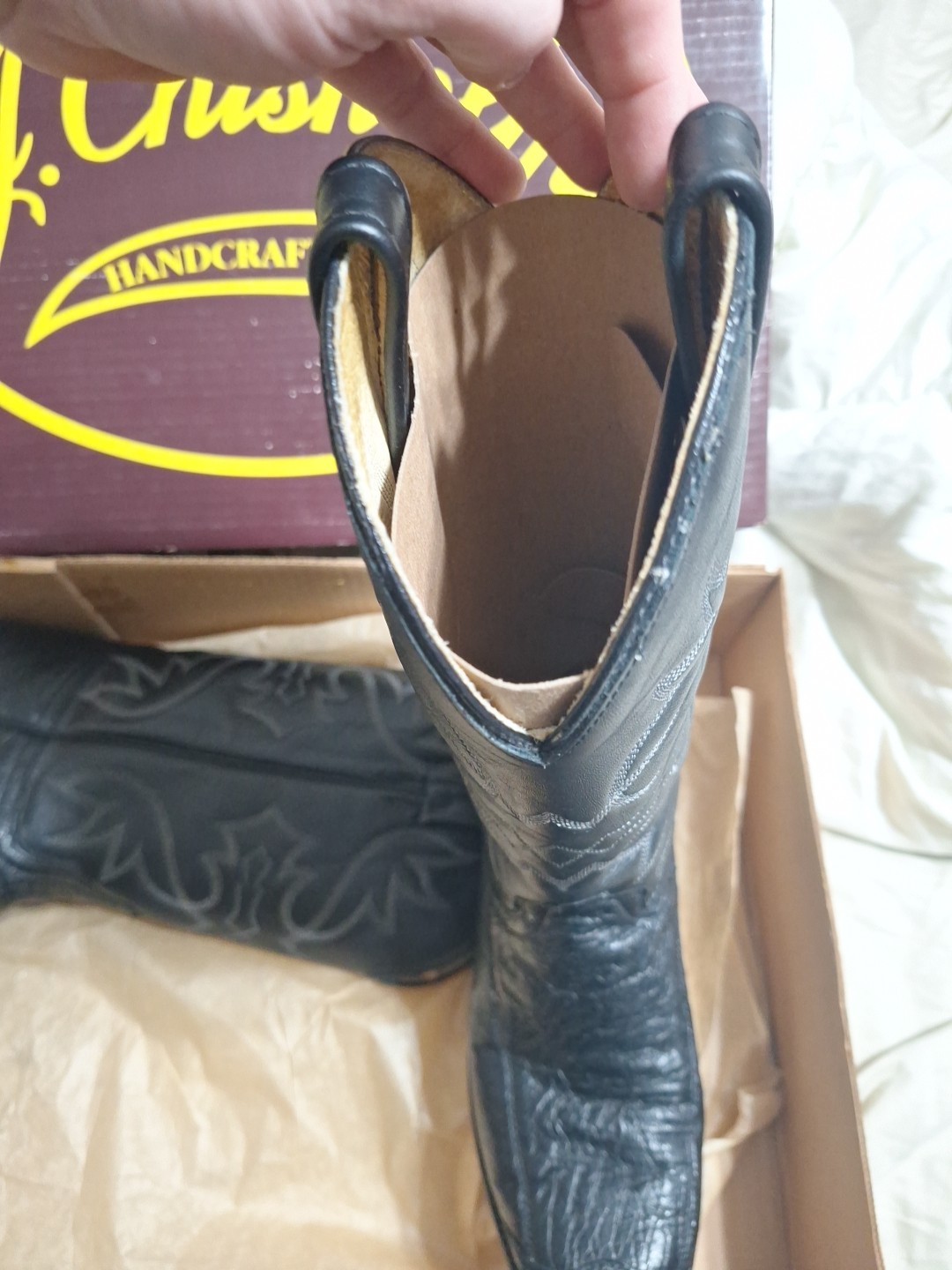 J Chisholm Cowboy Boots 8D, Exotic Ostrich Leg Leather, Excellent. Handmade USA