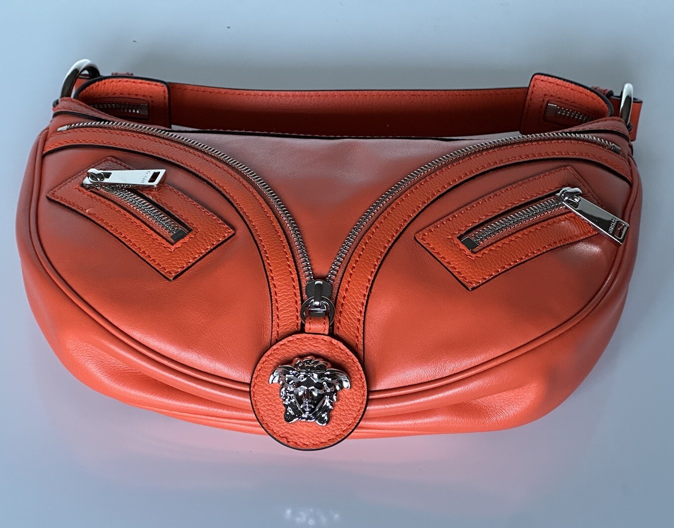 NWT $1925 Versace Silver Medusa Head Calf Leather Small Orange Hobo Bag 1007680