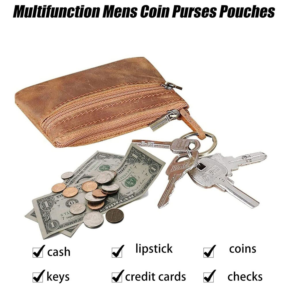 Brown Genuine Leather Small Coin Holder Change Purse Zipper Key card Wallet USA
