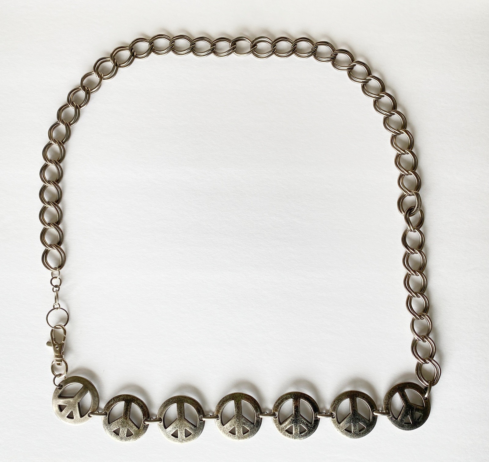 Vintage Peace Sign Belt 43 in Chain Silvertone Metal Unisex Hippie Boho Groovy