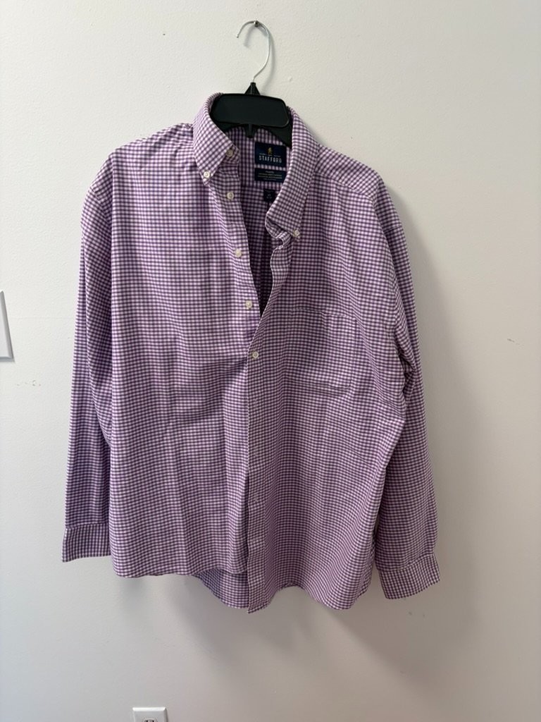 Stafford Travel Wrinkle-Free Oxford Dress Shirt Mens 17 36-37 Purple Gingham