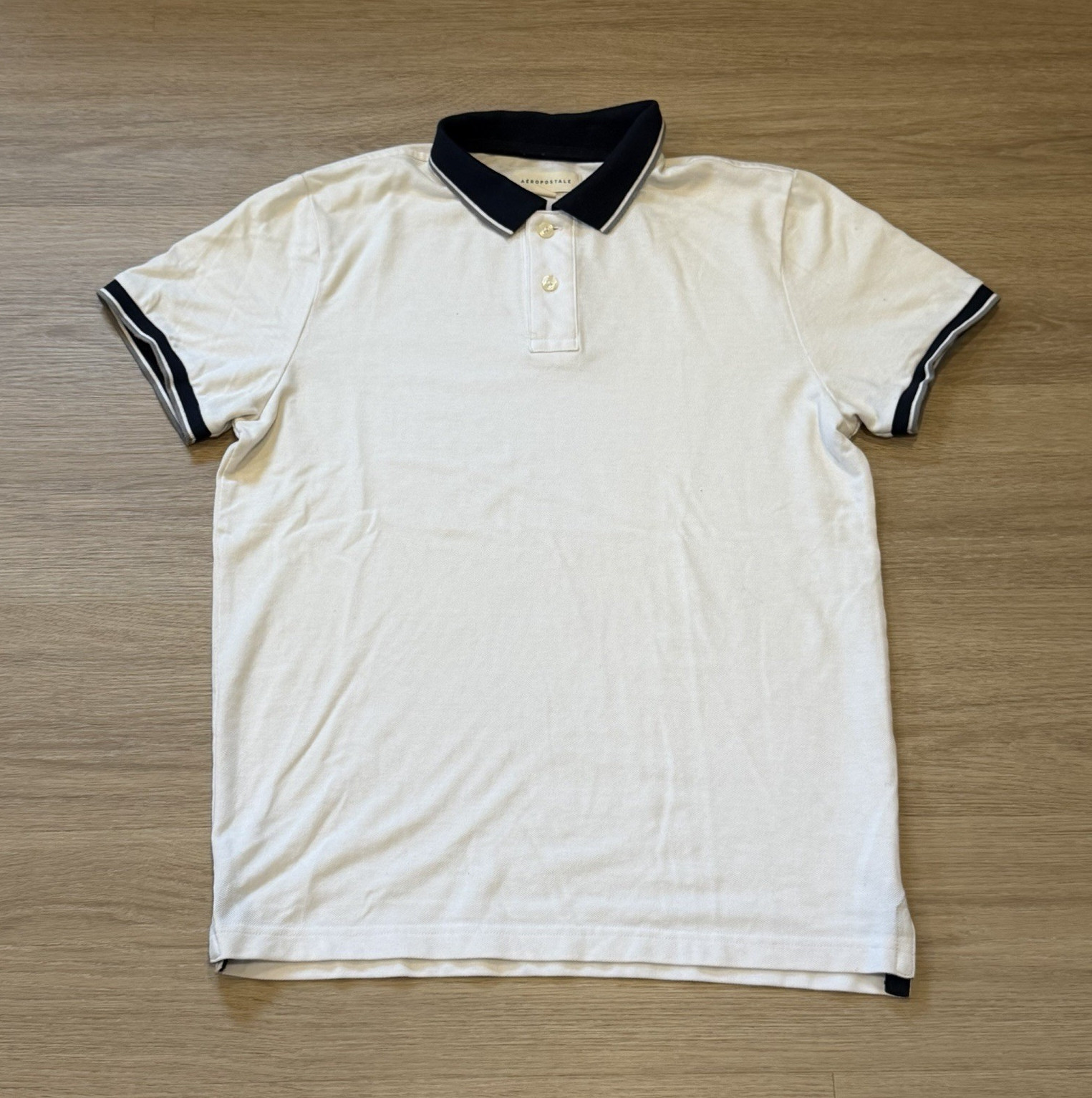Aéropostale Men’s Solid Polo Shirt L White/Black Trim Short Sleeve Knit Slit