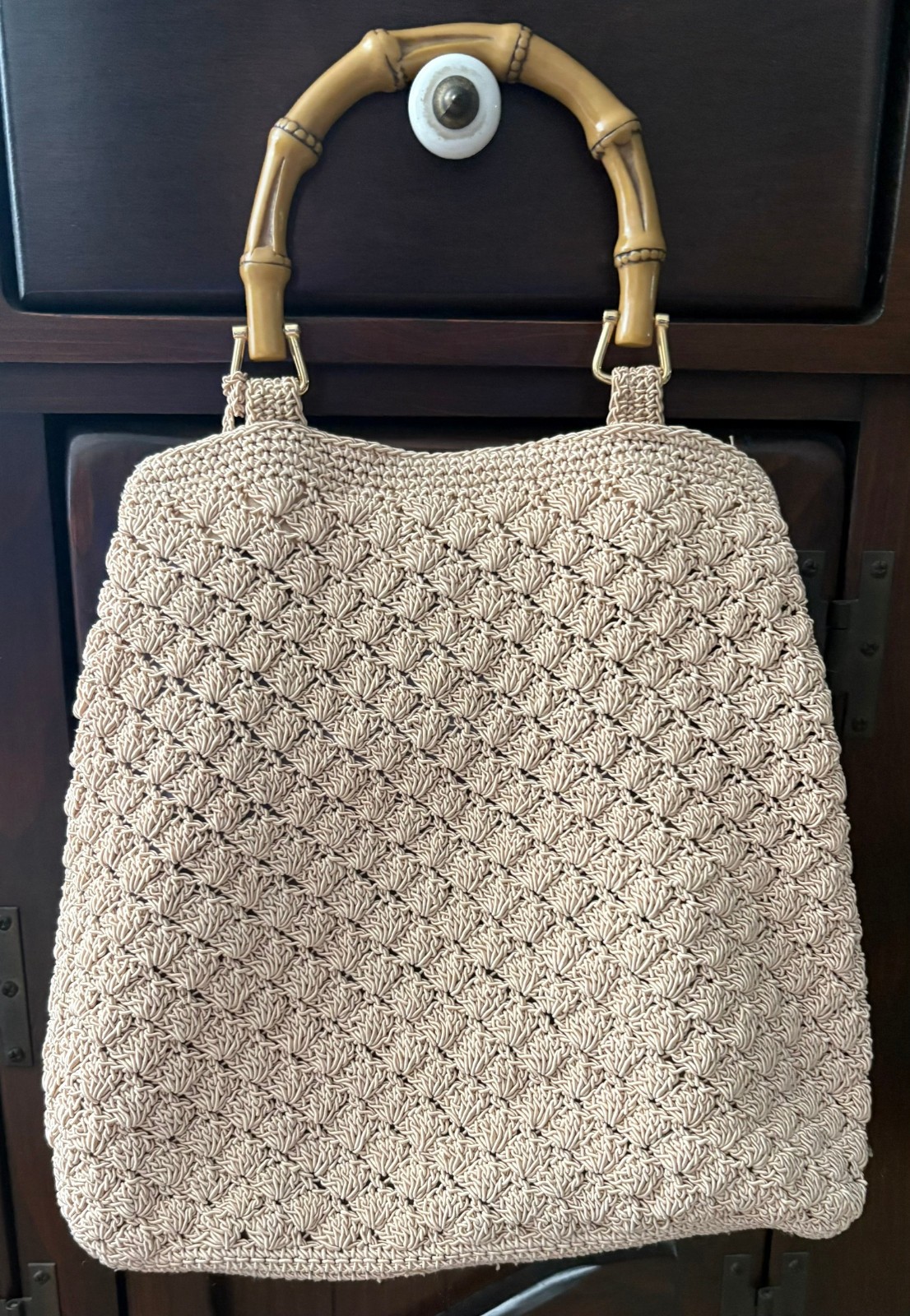 Vintage Liz Claiborne Crochet Macrame Purse Bag Bamboo Handles Purple Lining